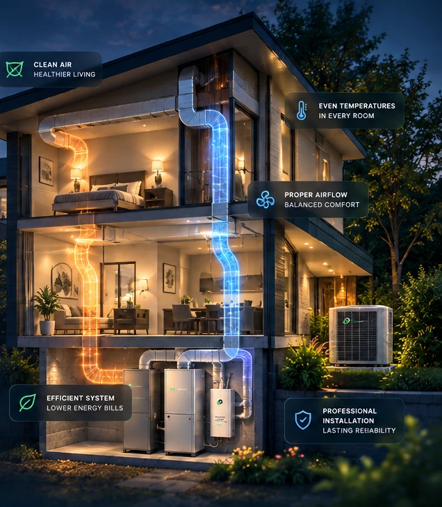 Cutaway home showing furnace, outdoor unit and integrated heating and cooling distribution paths