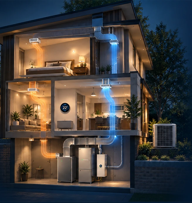 Cutaway home showing a complete HVAC system, airflow paths and connected equipment